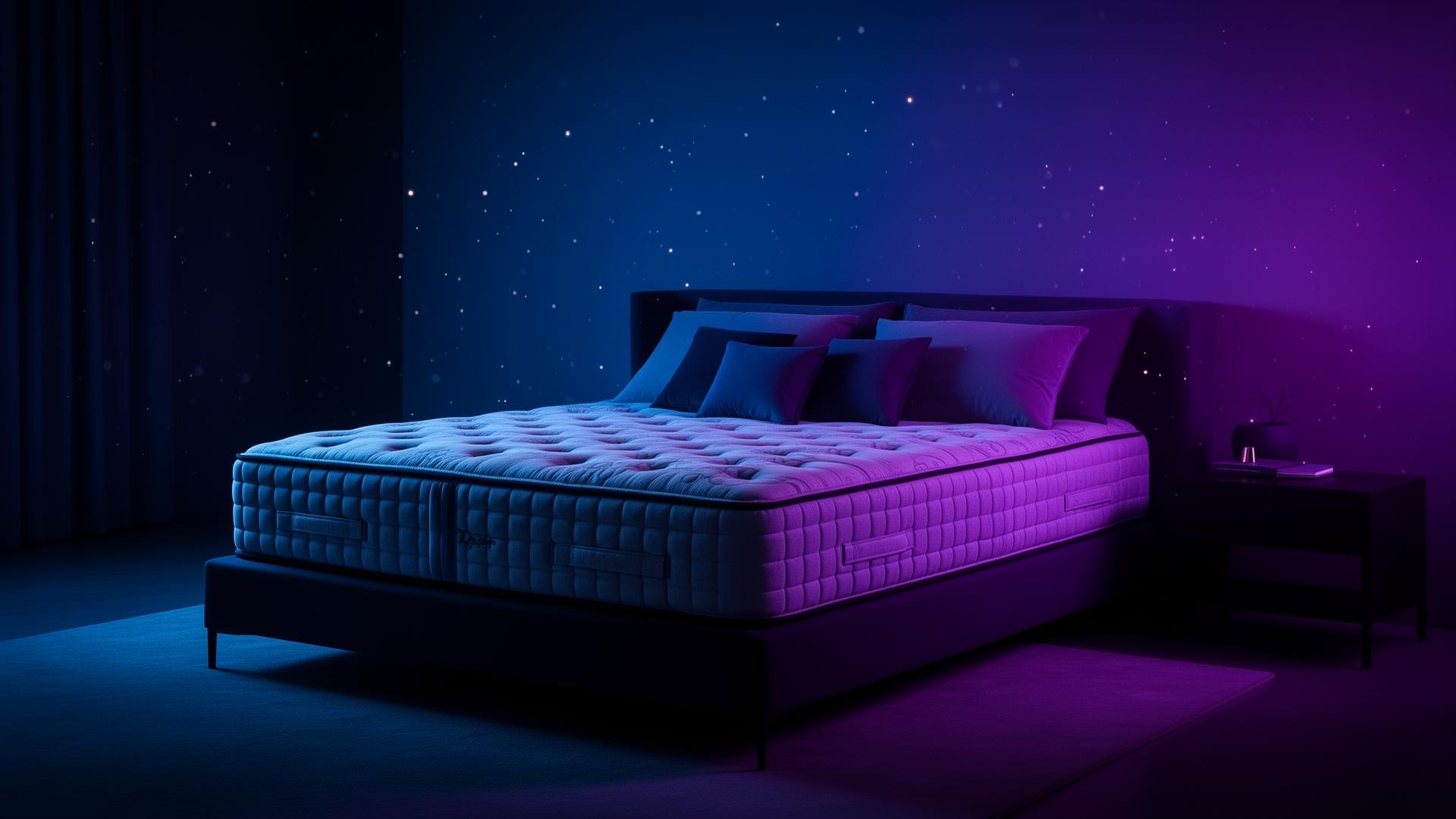 Dormitorio Nubex iluminado en azul y morado